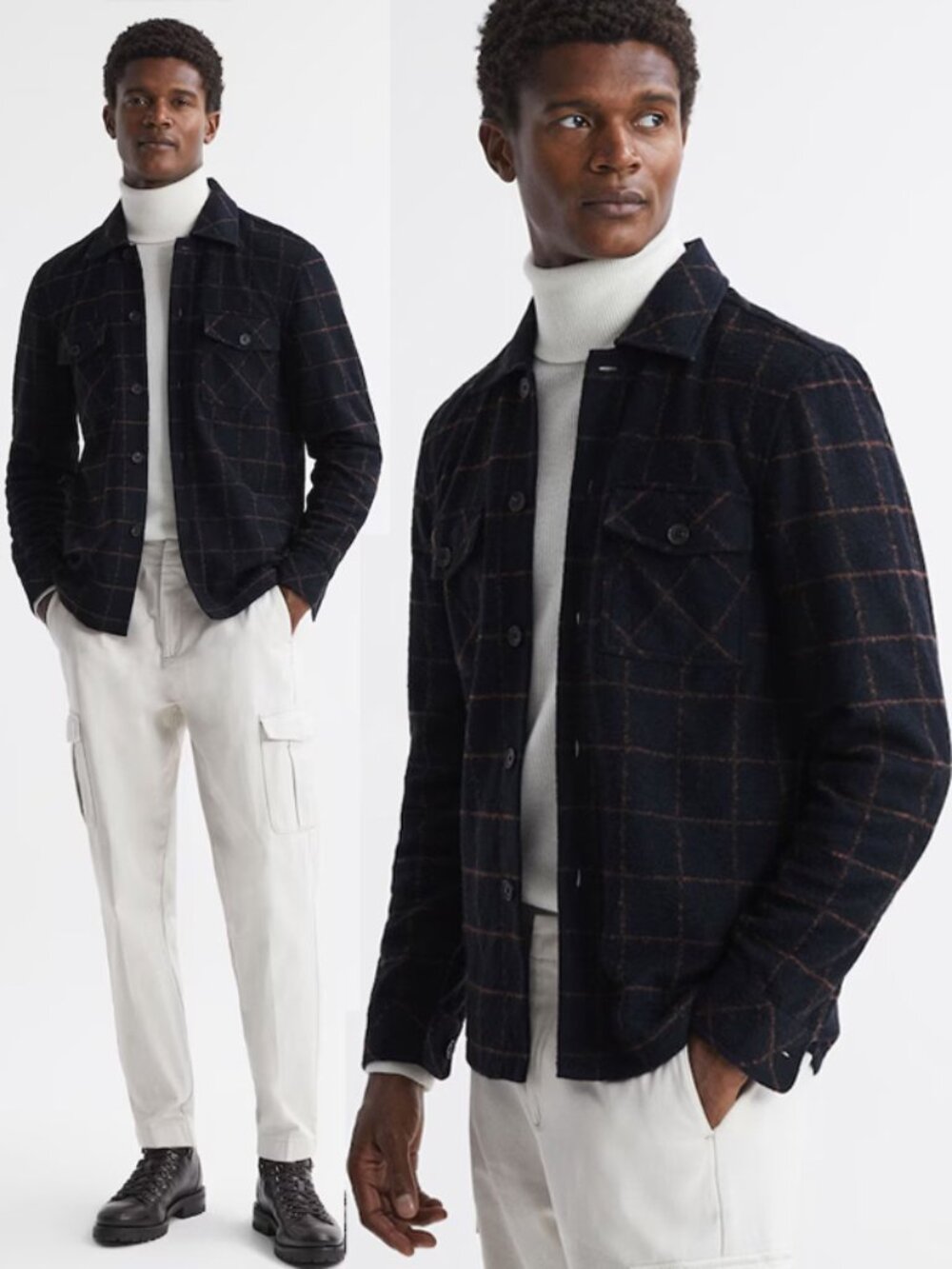 REISS Men's S Pearce Checked Plaid Wool-Blend Overshirt Shacket Navy Blue $240